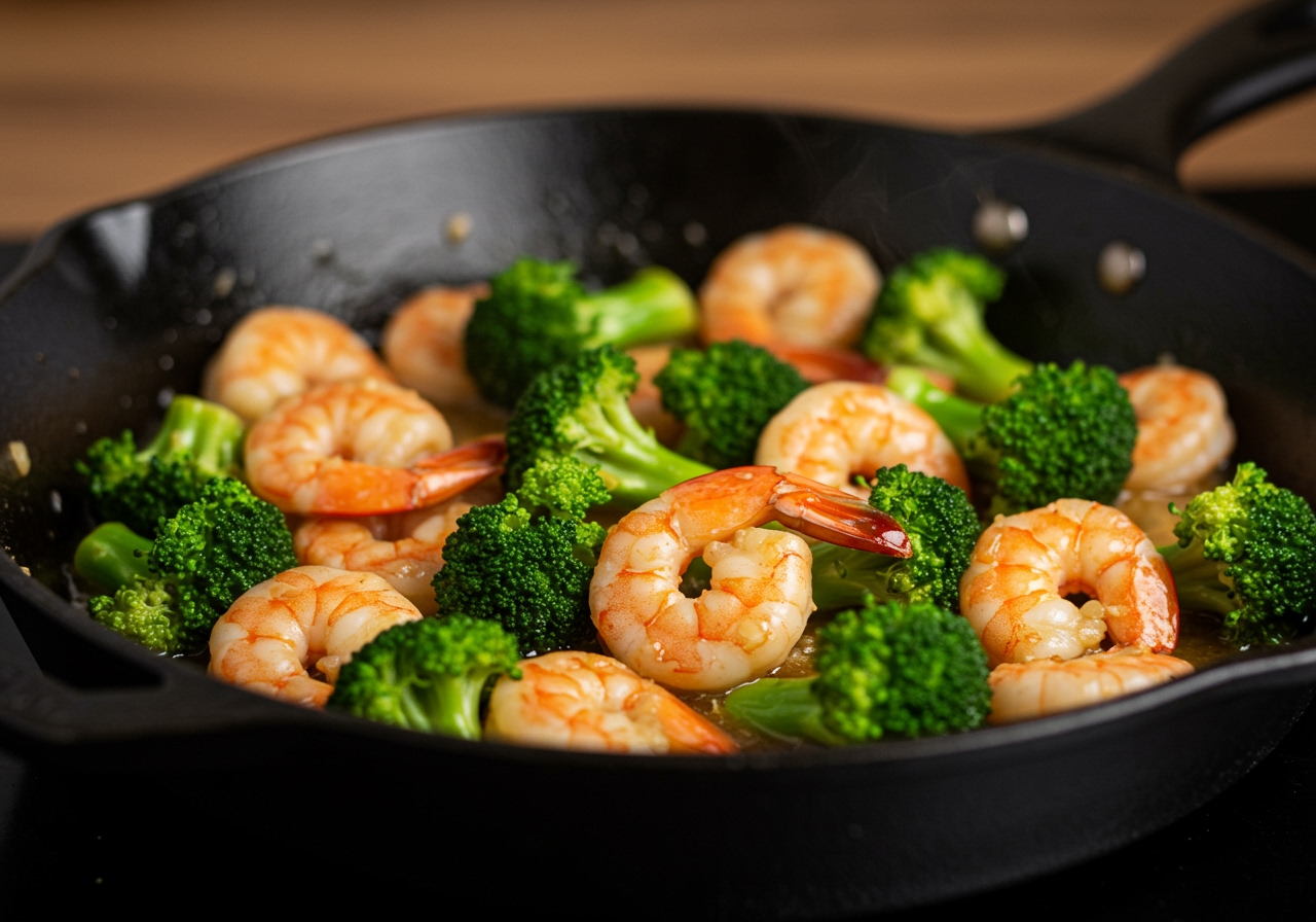 A close-up shot of vibrant garlic butter shrimp and broccoli stir-fry in a pan, ready to serve.