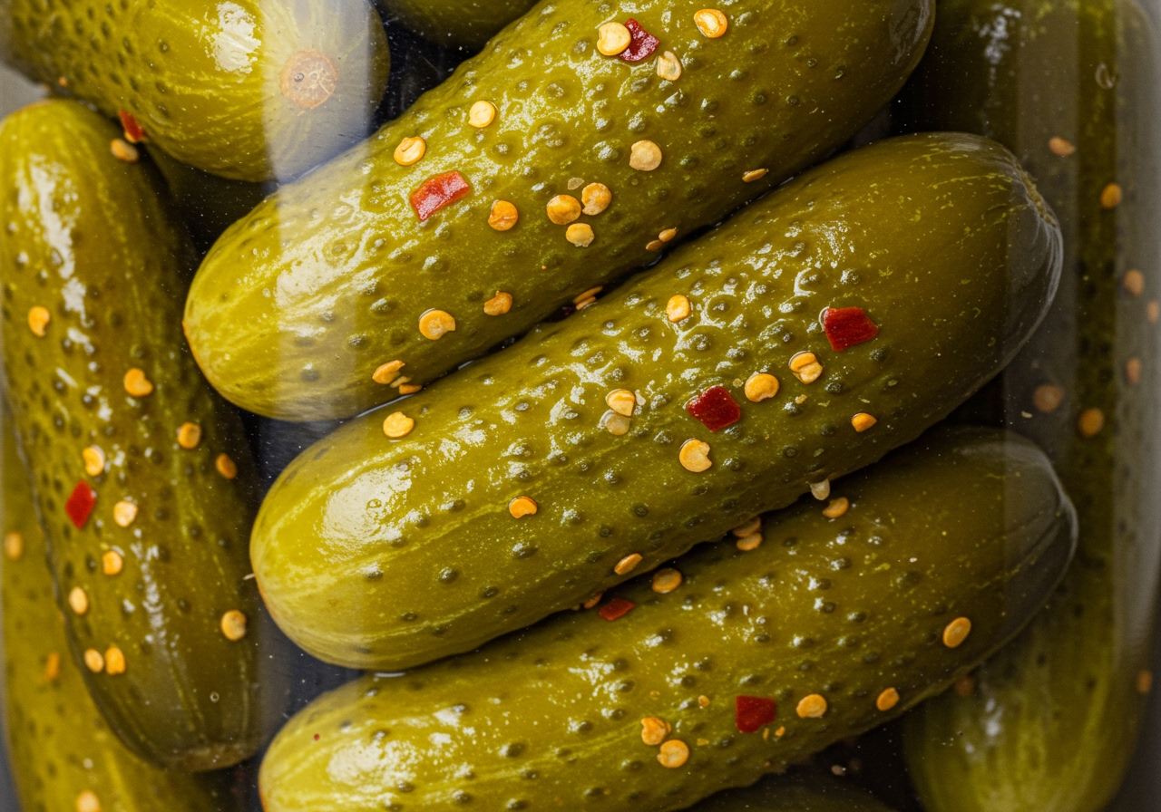 A close-up shot of vibrant green dill pickles spiced with chili flakes and garlic, arranged in a glass jar. The focus is on the texture and color of the pickles and brine.