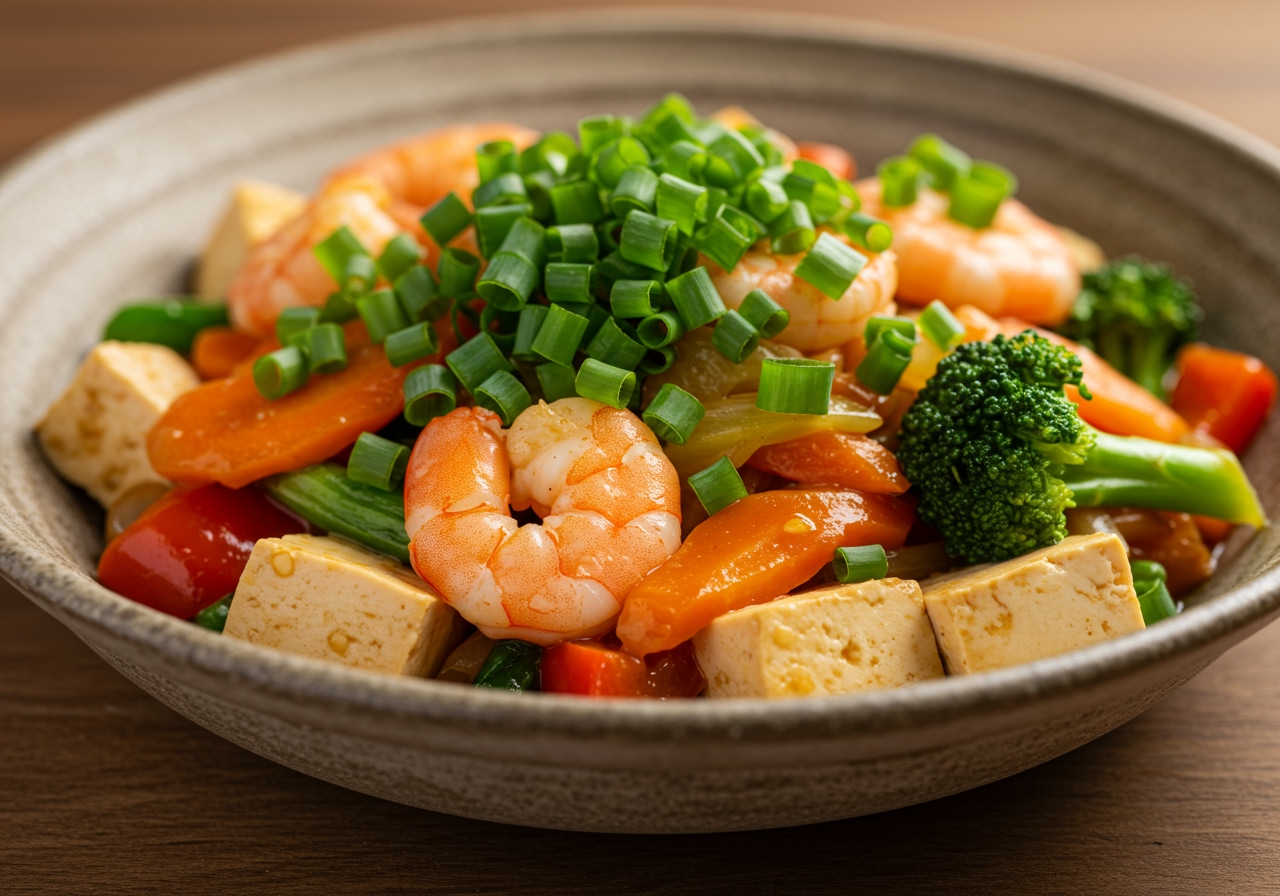 A close-up shot of vibrant green, finely chopped green onions sprinkled generously over a colorful dish.