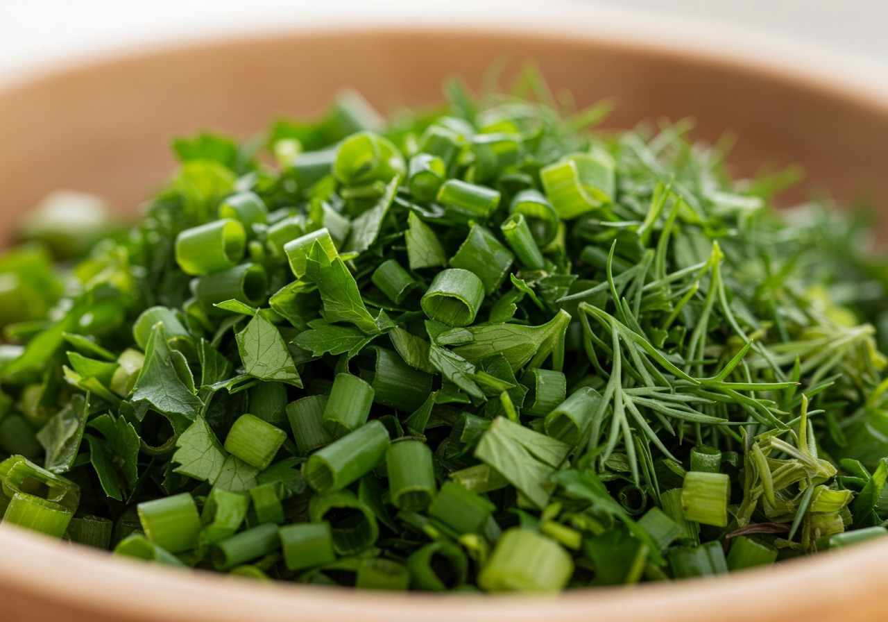 A close-up shot of vibrant green, finely chopped herbs (parsley, chives, dill, tarragon) piled together, ready to be added to a dressing.
