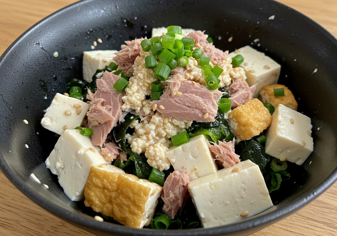A close-up shot showing a bowl of fresh, healthy tuna and tofu aemono salad with a simple sesame-soy dressing. Ingredients like crumbled tofu, flaked tuna, chopped green onions, and perhaps some seaweed are visible, emphasizing its freshness and texture.