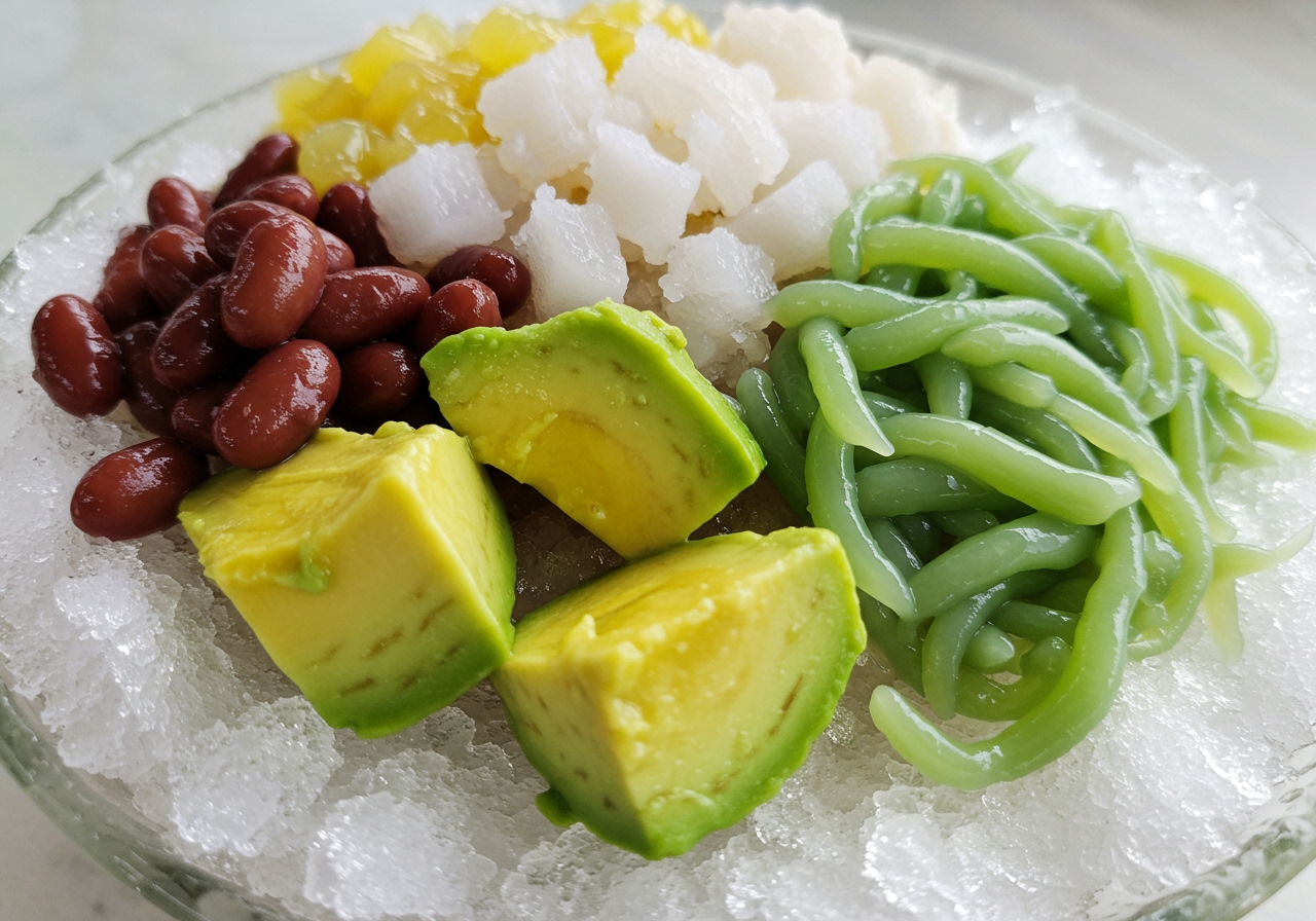 A close-up shot showing the distinct textures and colors of Es Campur ingredients: creamy avocado, translucent young coconut, red beans, and green cendol, mixed with shaved ice.