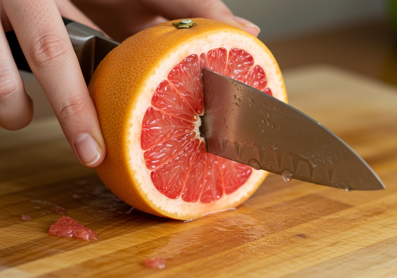 A close-up shot showing the process of supremeing a grapefruit, with a knife carefully separating a segment of fruit from the membrane.