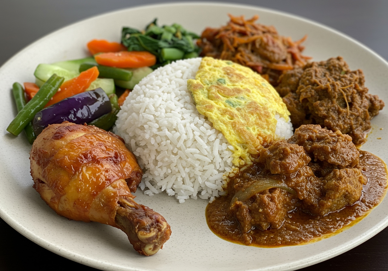 A close-up shot showing the variety of side dishes on a Nasi Campur plate, including different textures and colors from meat, vegetables, and egg dishes.