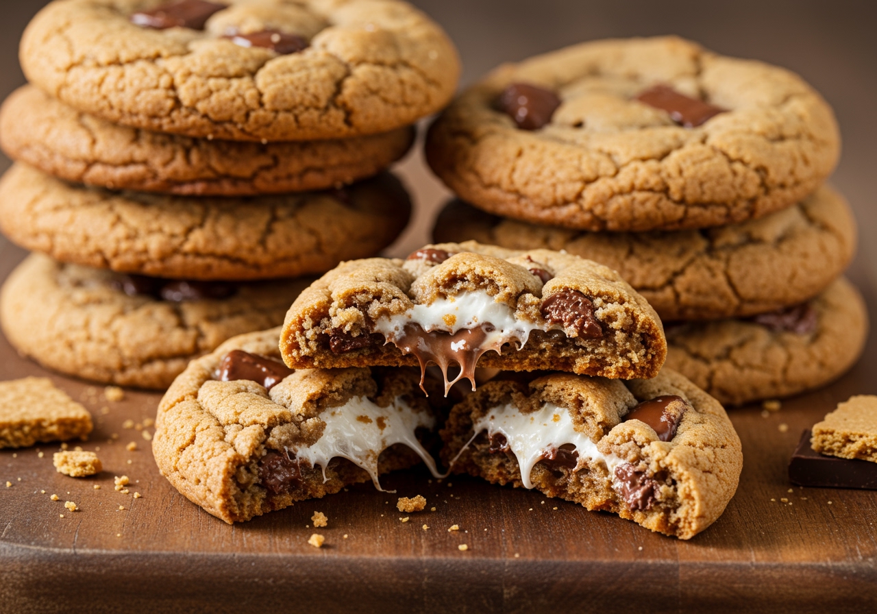 A close-up stack of healthy s'mores cookies, one broken to show the texture, on a rustic wooden board.