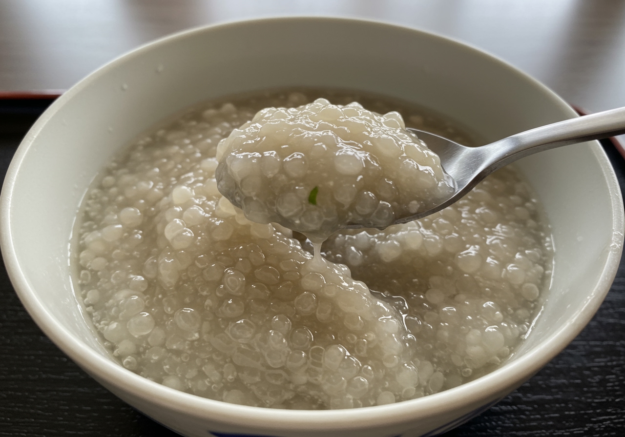 A close-up view of a very smooth, fine-textured ojiya, possibly pureed or blended slightly, indicating it is suitable for someone with severe chewing/swallowing difficulties. A spoon is scooping a bit from the bowl.