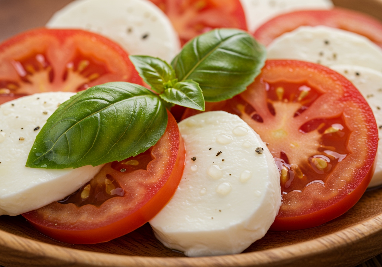 A close-up view of Caprese salad showing the texture of the mozzarella, the juiciness of the tomato, and the freshness of the basil, emphasizing its healthy appeal.