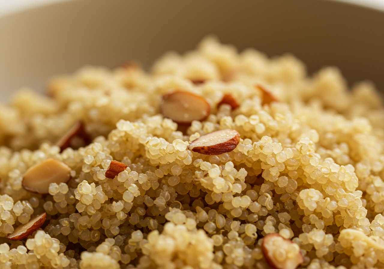 A close-up view of the fluffy texture of the Quinoa and Almond Pilaf after cooking