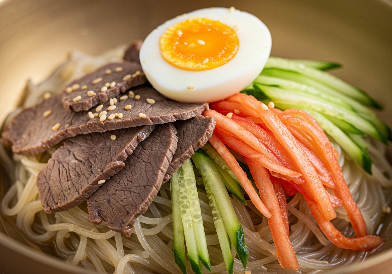 A close-up view of the toppings on a bowl of Milmyeon, including sliced meat, cucumber, pickled radish, and half a boiled egg
