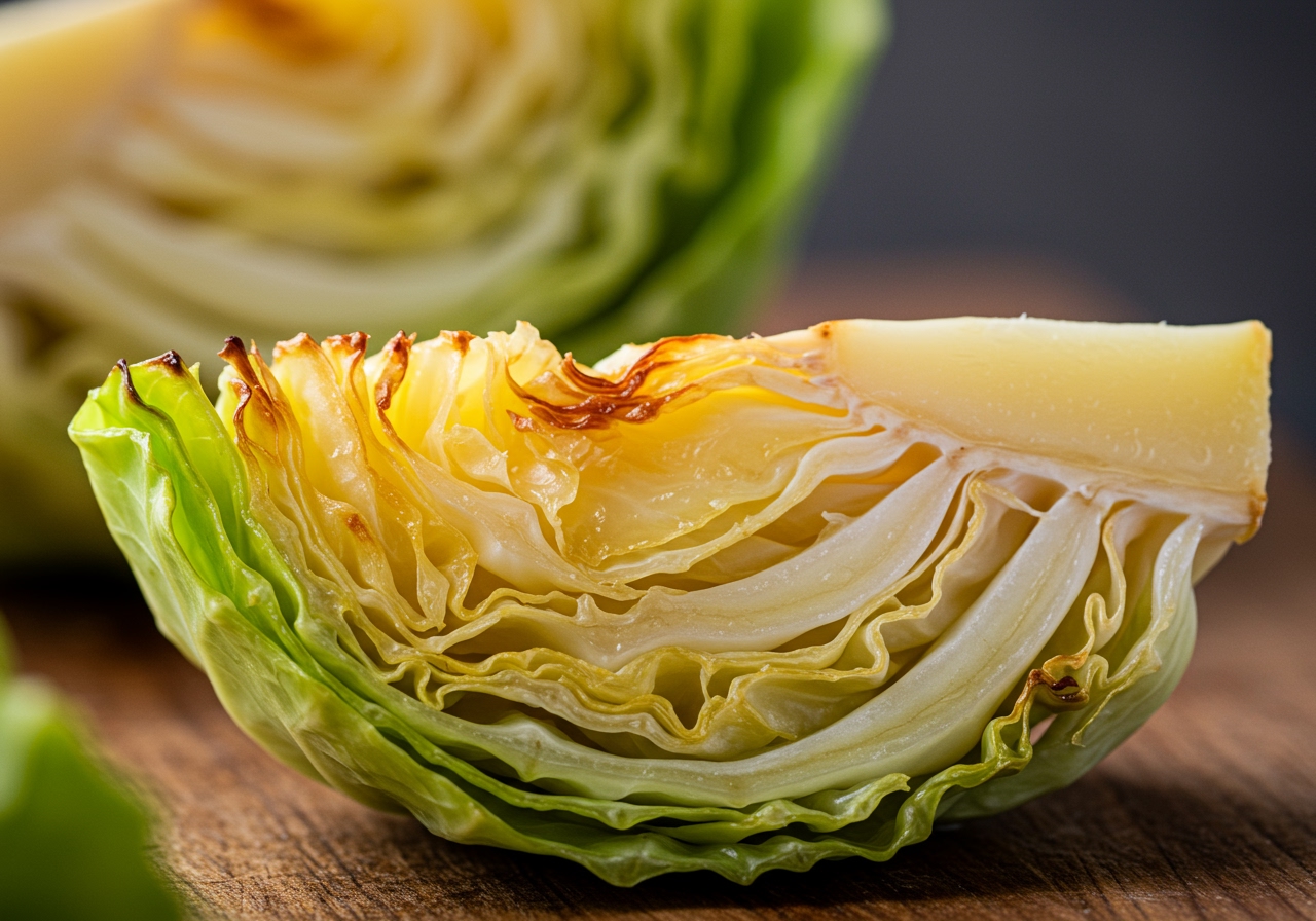 A close-up view showing the tender, slightly translucent inside and the crispy browned edge of a cooked cabbage steak slice