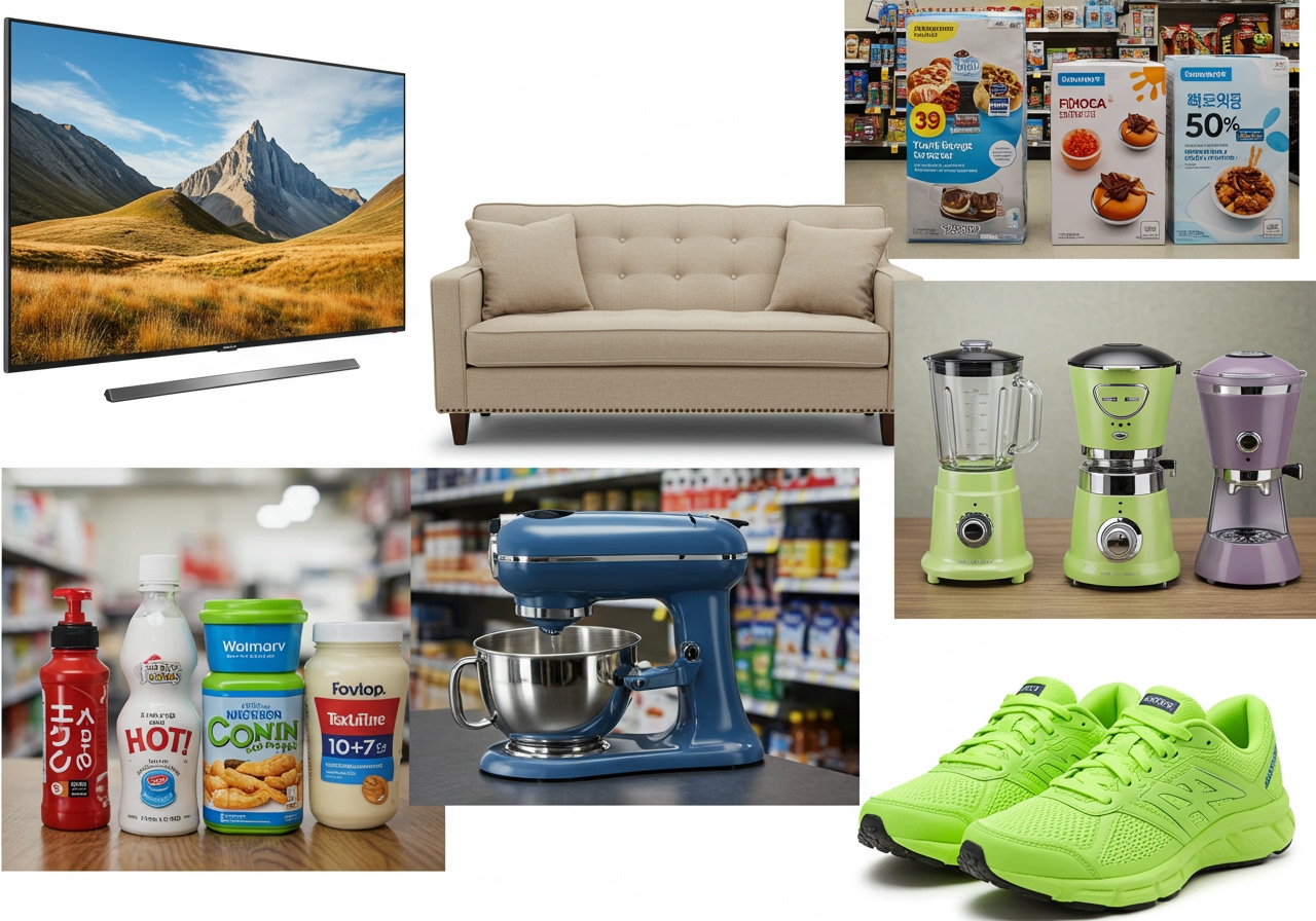 A collage image showcasing various types of products potentially on sale at Walmart: a large screen TV, a comfortable looking sofa, kitchen gadgets, and athletic shoes, emphasizing variety.