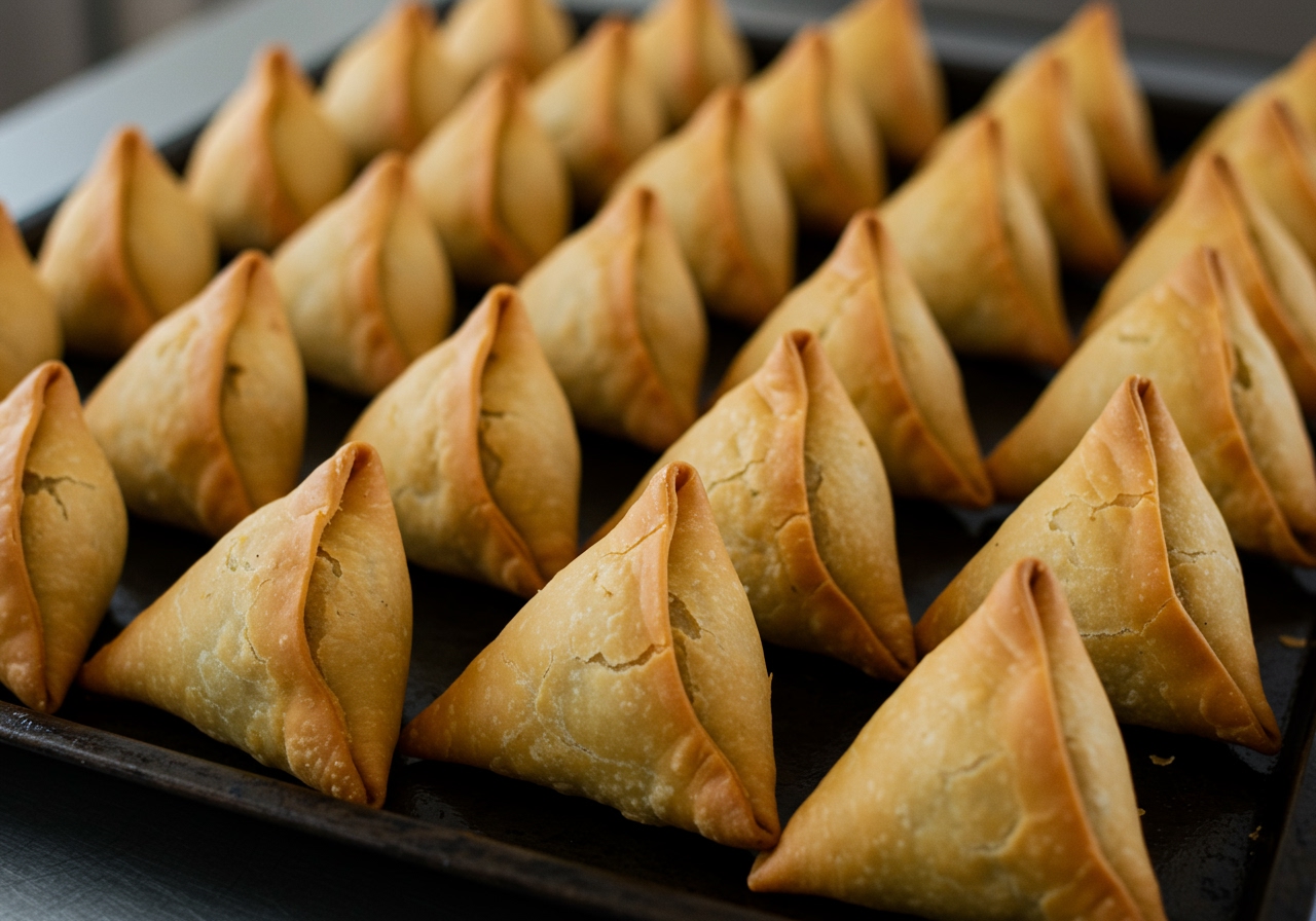 A collection of baked samosas arranged neatly on a baking tray, looking golden brown and crispy, with no visible oil.