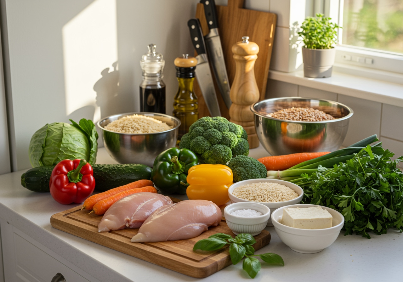 A collection of cooking tools and ingredients on a kitchen counter, emphasizing fresh vegetables, herbs, lean protein sources, and healthy grains.