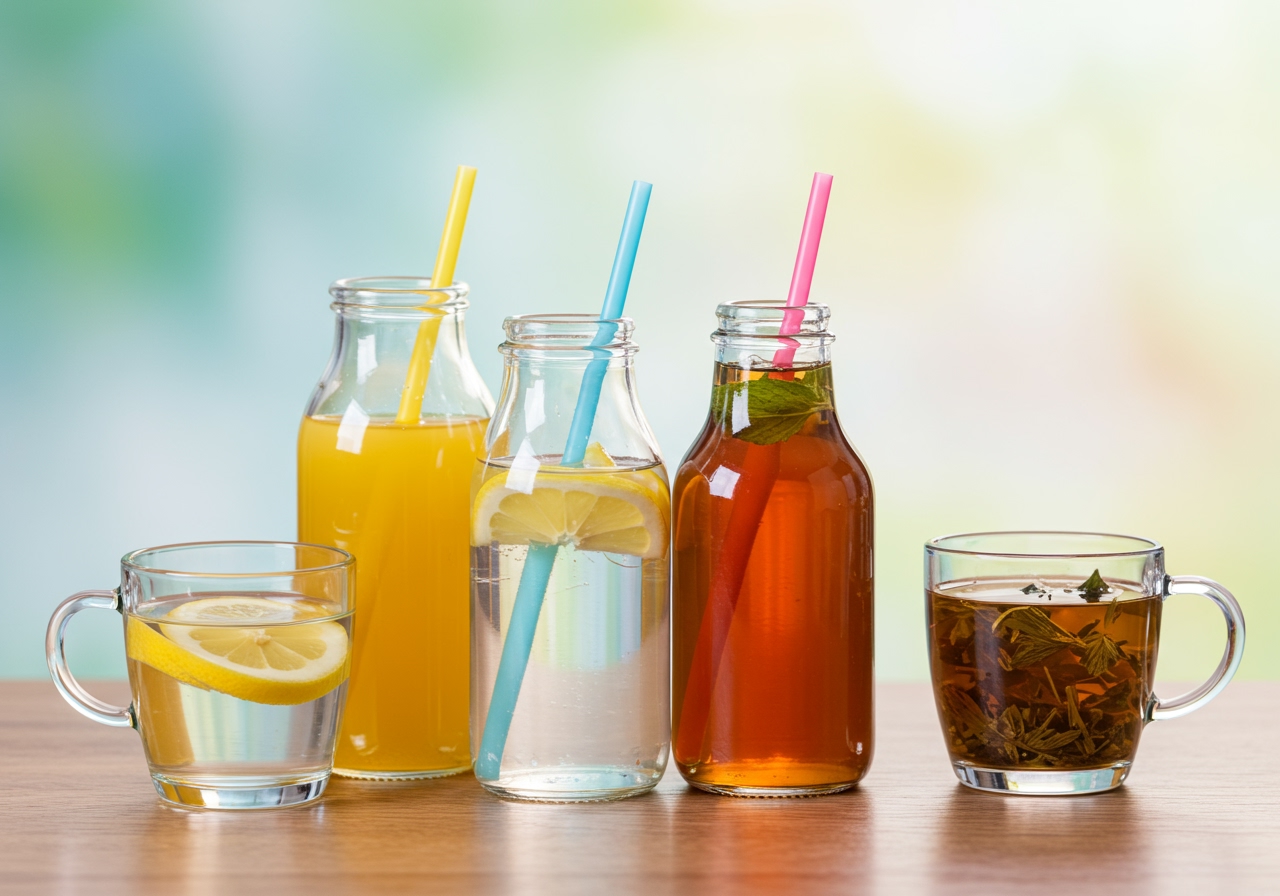 A collection of different healthy drinks like water with lemon, unsweetened iced tea, and herbal tea in glass bottles and cups, set on a wooden table with a bright background.