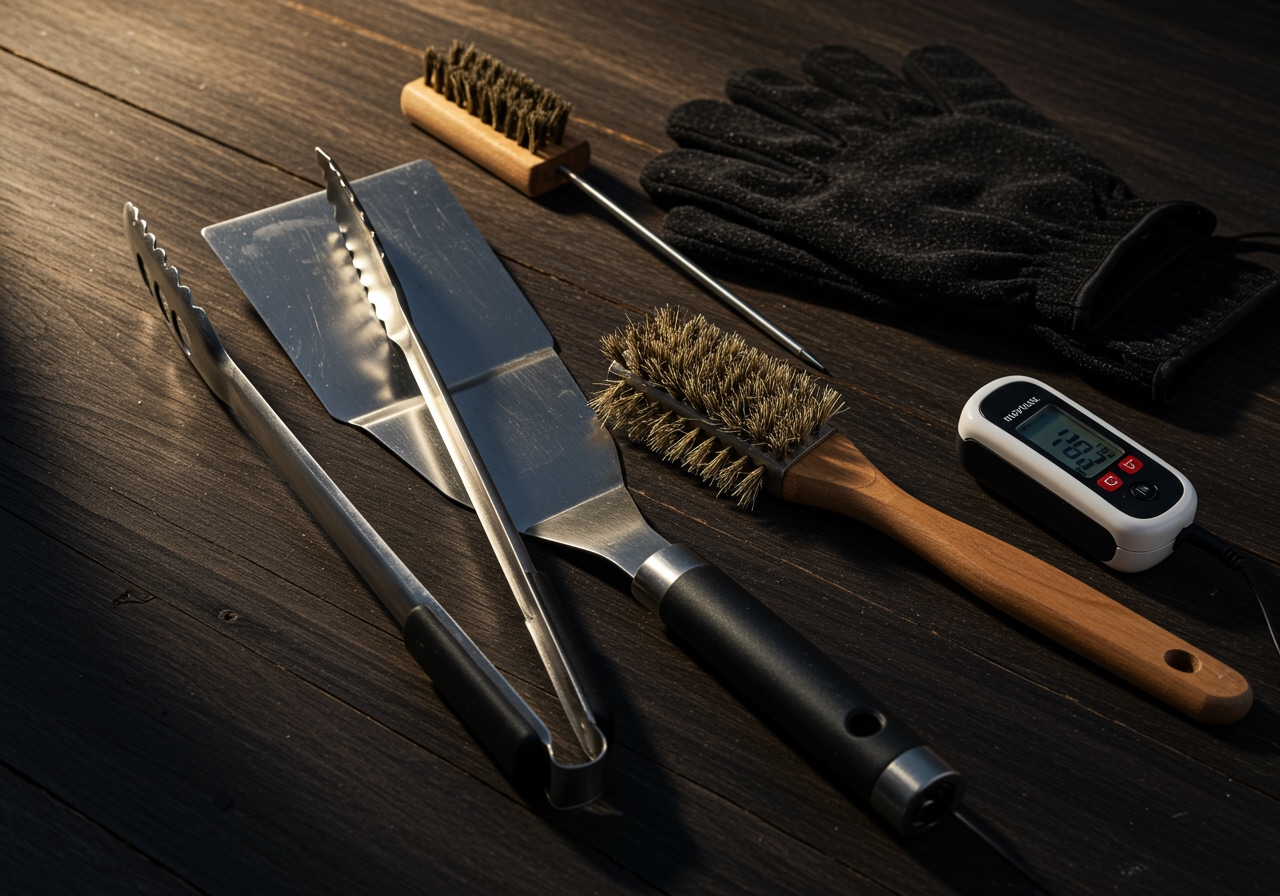 A collection of essential grilling tools laid out neatly: long tongs, spatula, grill brush, meat thermometer, and heat-resistant gloves.