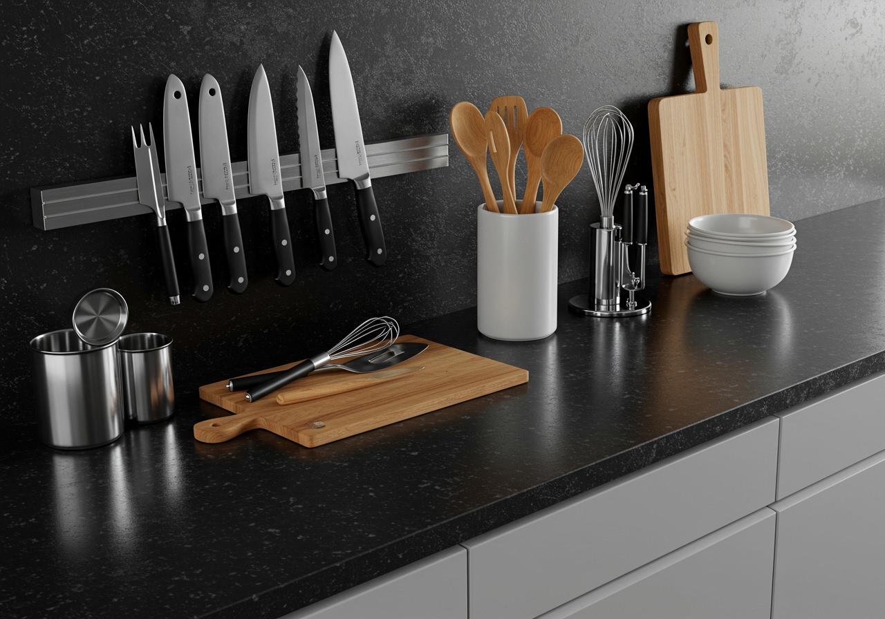 A collection of essential kitchen tools neatly organized on a counter, emphasizing efficiency and accessibility.