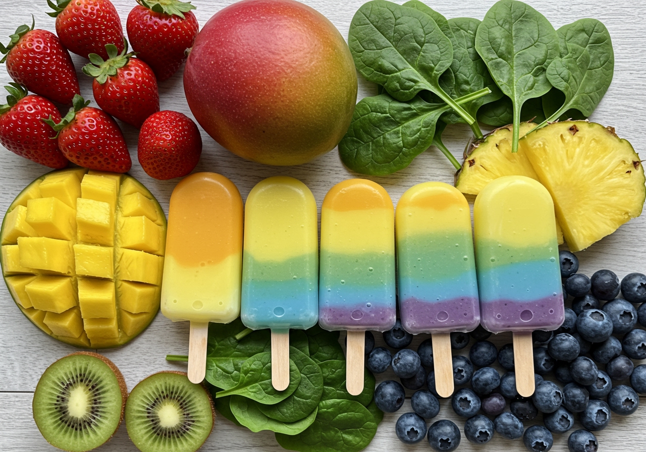 A collection of fresh, colorful fruits and vegetables (strawberries, mangoes, pineapples, spinach, blueberries, kiwis) artfully arranged, representing the ingredients for a rainbow smoothie pop. The lighting is bright and natural, highlighting the freshness.