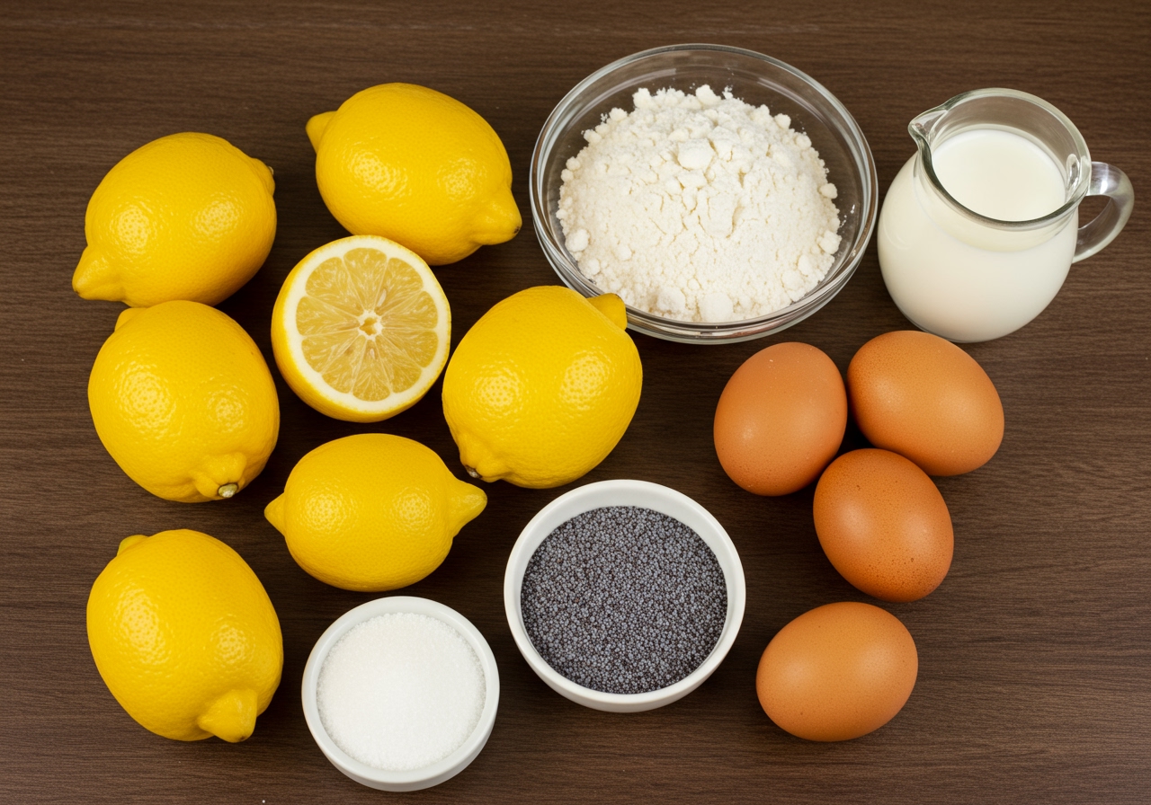 A collection of fresh ingredients for lemon poppy seed cake: vibrant yellow lemons, a small bowl of poppy seeds, flour, sugar (or sweetener), eggs, and milk, all neatly arranged on a rustic wooden table.