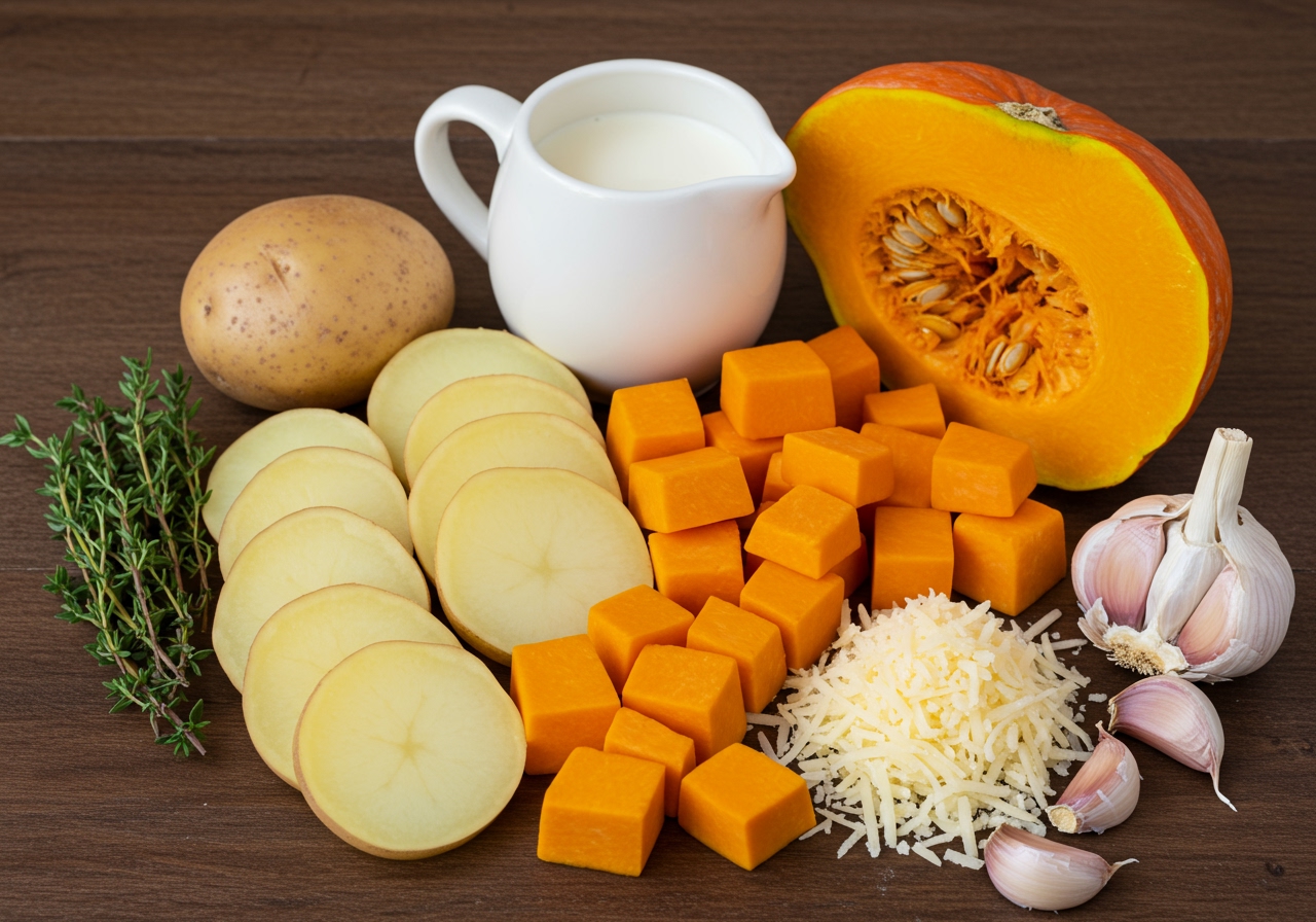 A collection of fresh ingredients for potato and pumpkin gratin laid out on a wooden table: sliced potatoes, cubed pumpkin, a jug of cream, grated cheese, garlic cloves, and sprigs of thyme.