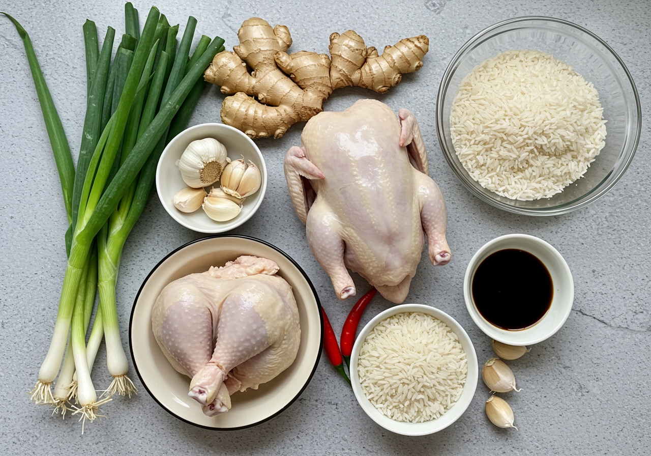 A collection of fresh ingredients for Singaporean Chicken Rice, including a whole chicken, ginger, garlic, spring onions, rice, chili peppers, and dark soy sauce, laid out on a kitchen counter.