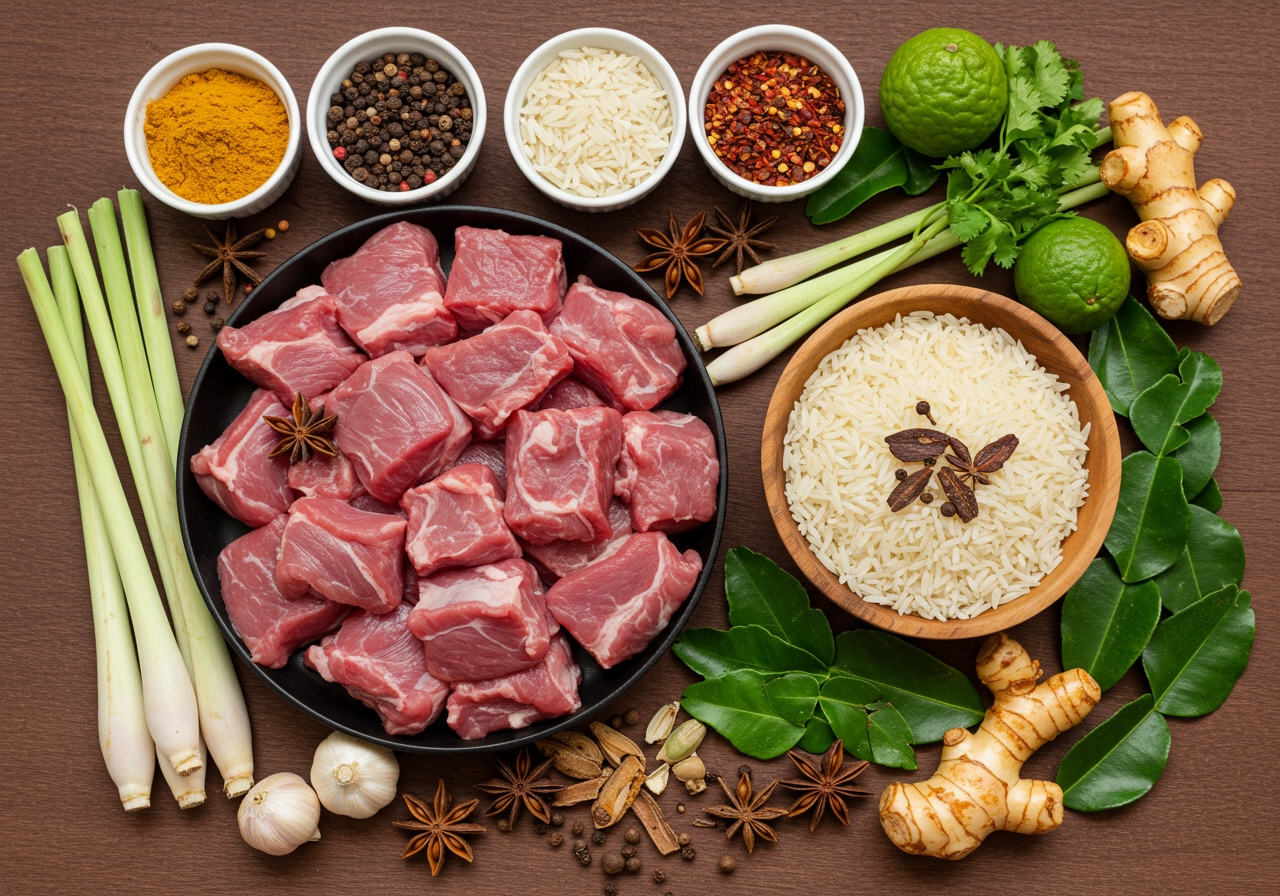 A collection of fresh, vibrant ingredients for Siamese-style Goat Biryani: raw goat meat cubes, basmati rice, various colorful Indian spices (turmeric, chili, coriander), and distinct Thai herbs like lemongrass, galangal, and kaffir lime leaves, all neatly arranged.