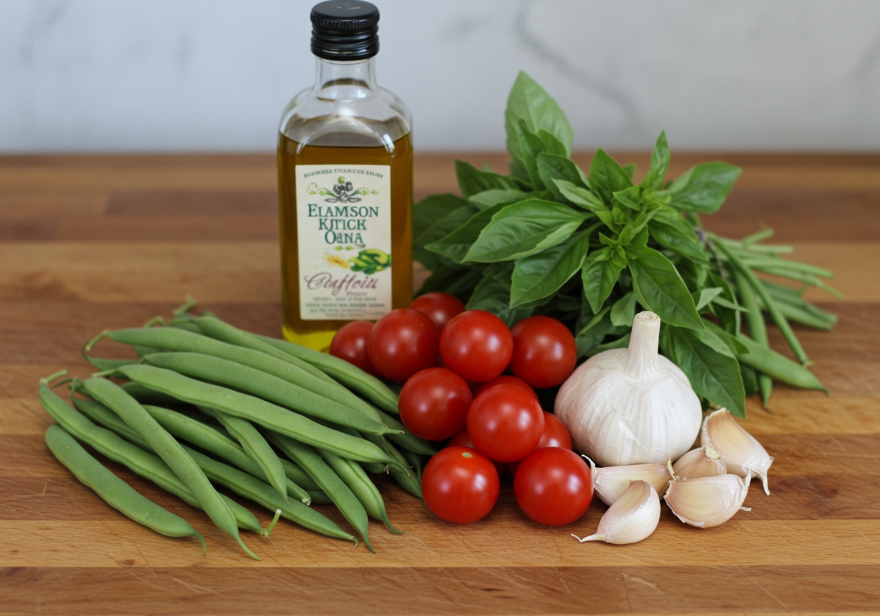 A collection of fresh, vibrant ingredients for the sheet pan dinner: raw green beans, cherry tomatoes, a bunch of fresh basil, whole garlic cloves, and a bottle of olive oil, neatly arranged on a wooden board.