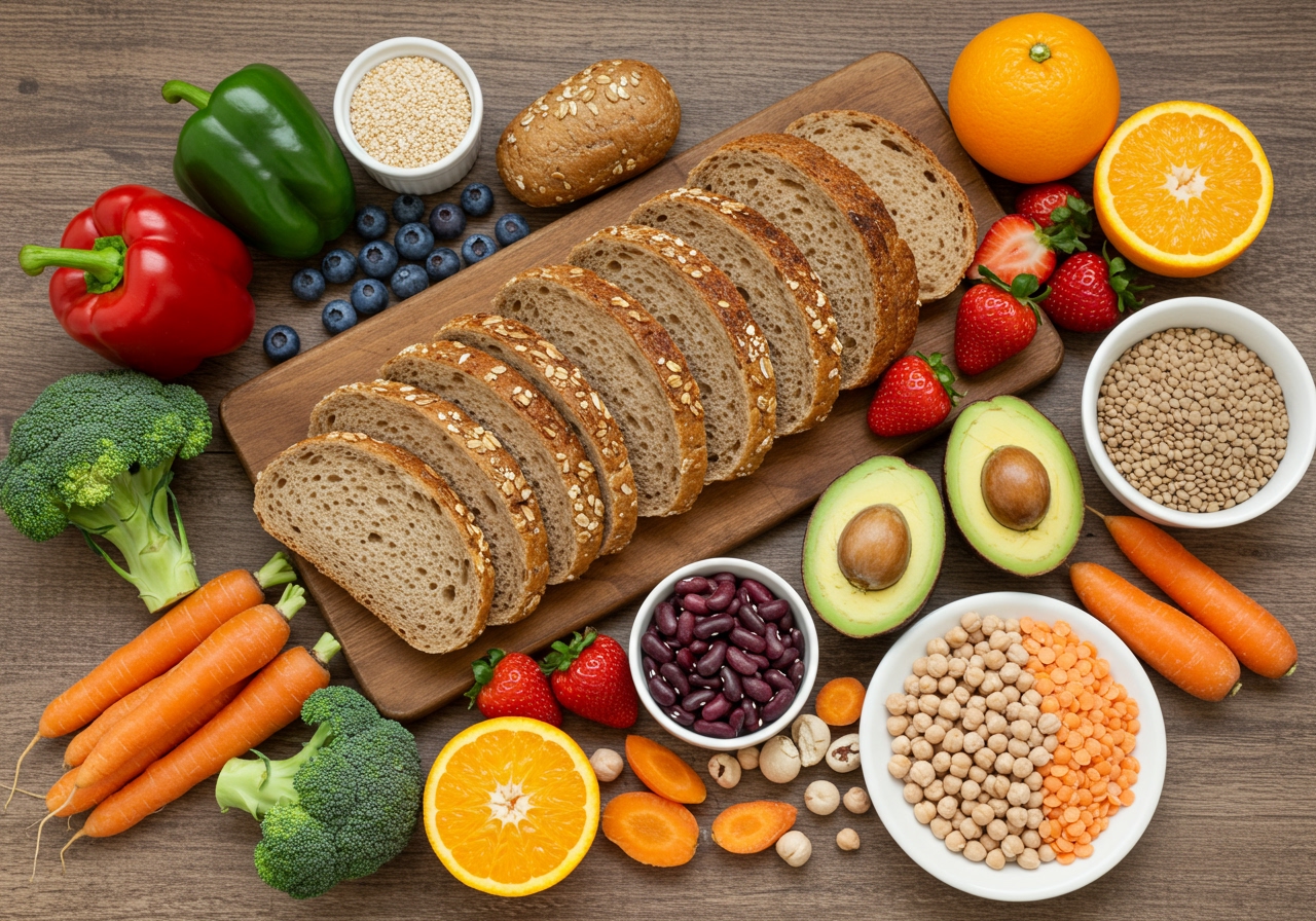 A collection of high-fiber foods like whole grain bread, fruits, vegetables, and legumes arranged appealingly