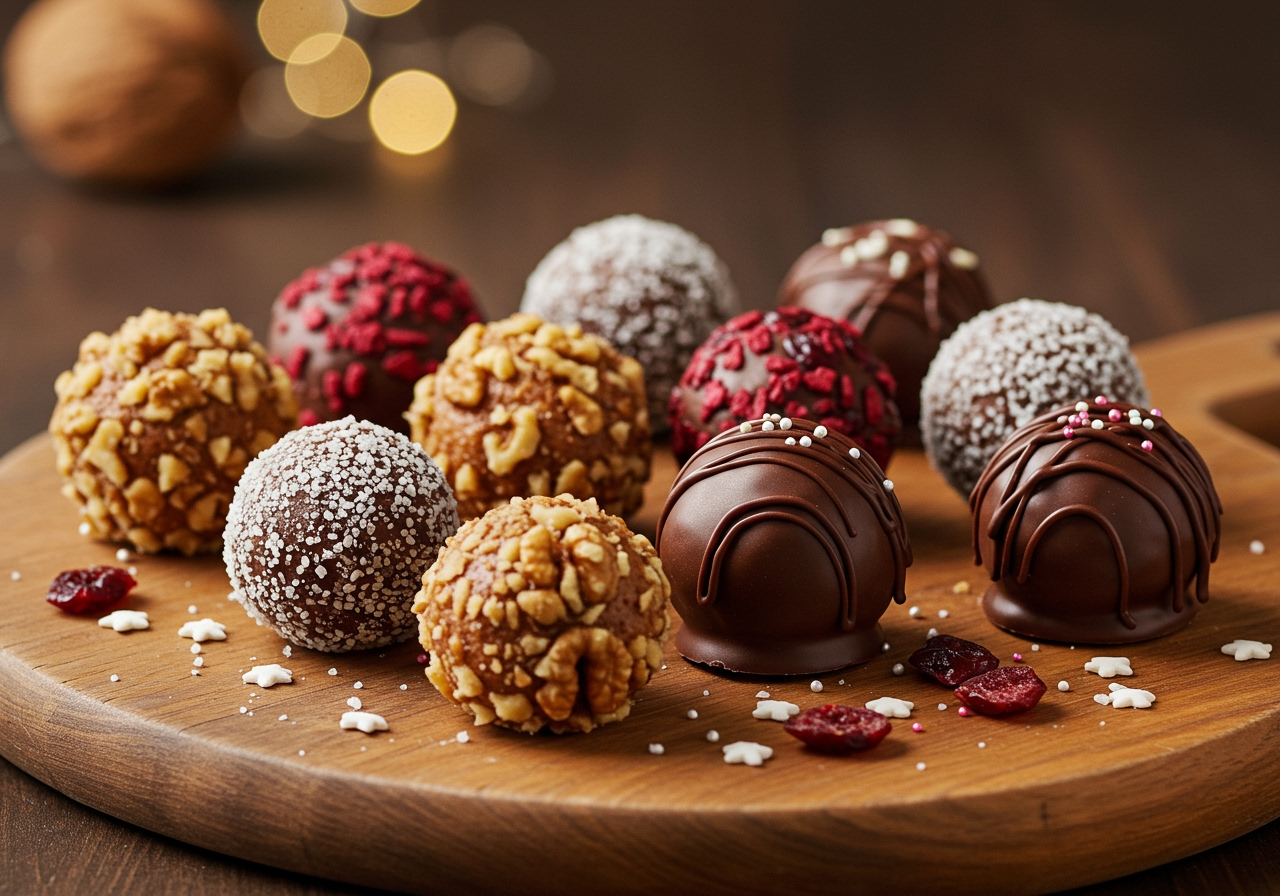 A collection of homemade holiday cake balls, decorated with natural ingredients like crushed nuts, dried cranberries, and dark chocolate drizzle, on a rustic wooden board.