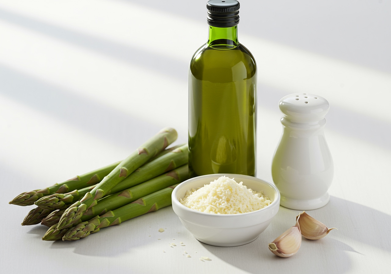 A collection of ingredients: fresh asparagus, a small bowl of grated parmesan cheese, a bottle of olive oil, a garlic clove, and a salt shaker.