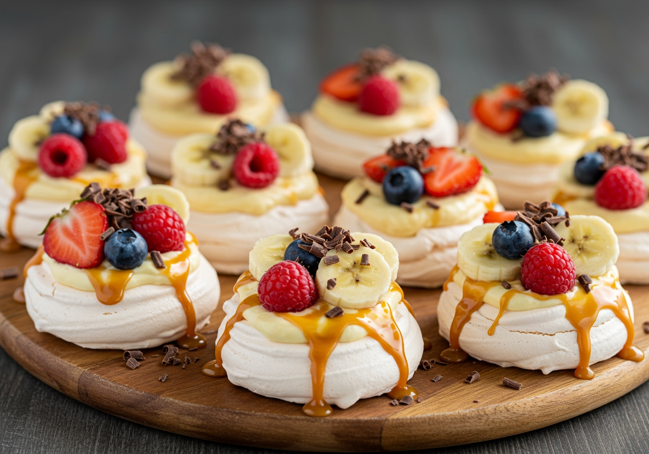A collection of mini Banoffee Pavlovas on a serving platter, each individually topped with slightly different fruits and chocolate shavings, looking festive and inviting.