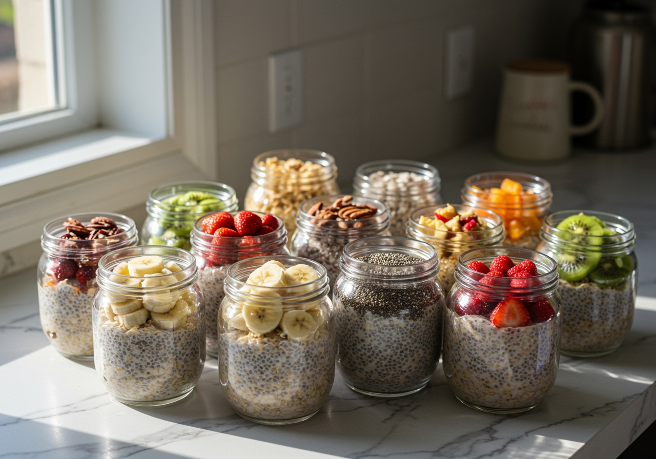 A collection of neatly arranged glass jars filled with colorful overnight oats and chia puddings, ready for meal prep, on a kitchen counter.