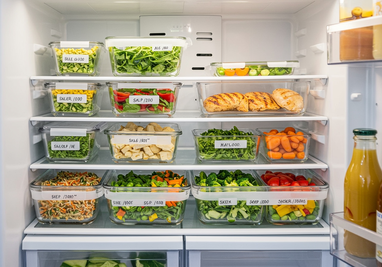A collection of prepared cold meal components in glass meal prep containers, neatly arranged in a refrigerator.
