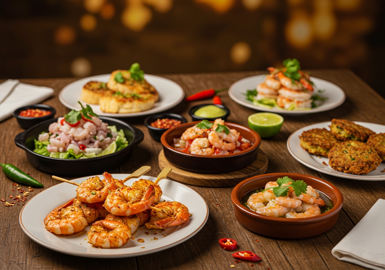 A collection of several small dishes featuring shrimp recipes, artfully arranged on a wooden table, suggesting a tapas style feast made quickly.