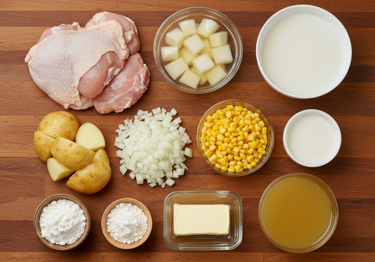 A collection of the raw ingredients for chicken and corn chowder laid out on a wooden table: cubed chicken thigh, diced onion, cubed potato soaking in water, canned corn, milk, butter, flour, and chicken broth.