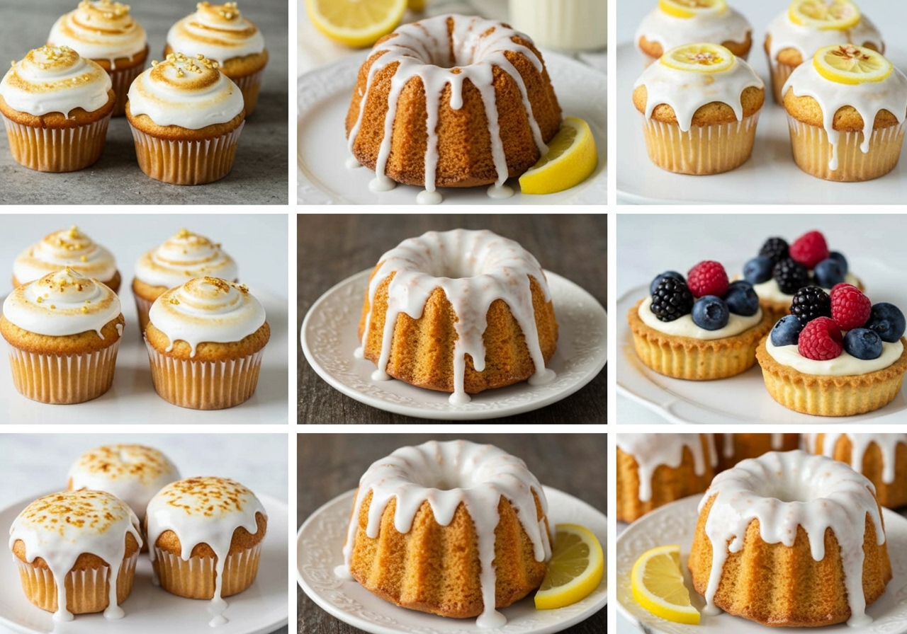A collection of various baked goods, including cupcakes, mini bundt cakes, and fruit tarts, each beautifully drizzled with the glossy lemon marshmallow glaze. Some are garnished with lemon slices, others with berries.