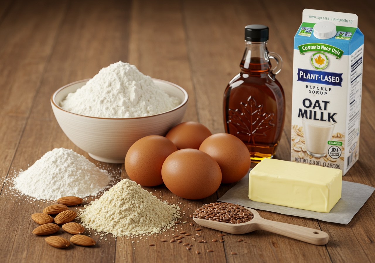 A collection of various baking ingredients including flour, sugar, eggs, butter, and common substitutes like almond flour, maple syrup, flax seeds, and plant-based milk.