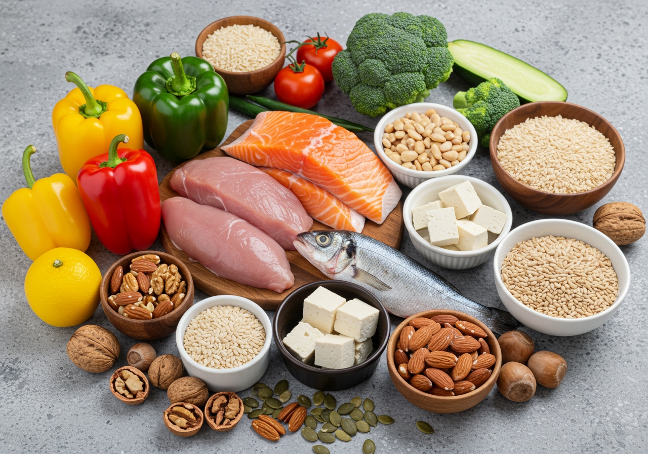 A collection of various healthy ingredients arranged neatly on a table: colorful vegetables, lean protein sources (fish, tofu), whole grains, nuts, and seeds. This represents the building blocks of healthy meals.