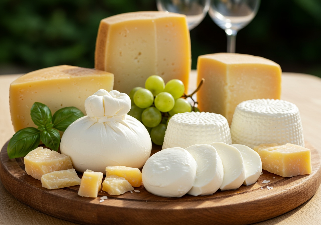 A collection of various high-quality Italian cheeses, including burrata, mozzarella, parmesan, and ricotta, artfully arranged on a large charcuterie board, with wine glasses in the background.