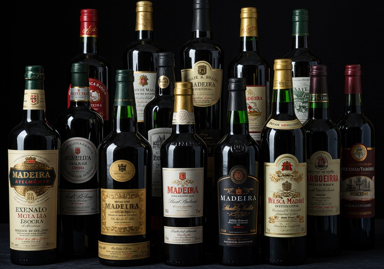 A collection of various Madeira wine bottles, from younger, simpler labels to older, distinguished vintage labels, arranged on a dark, elegant background.