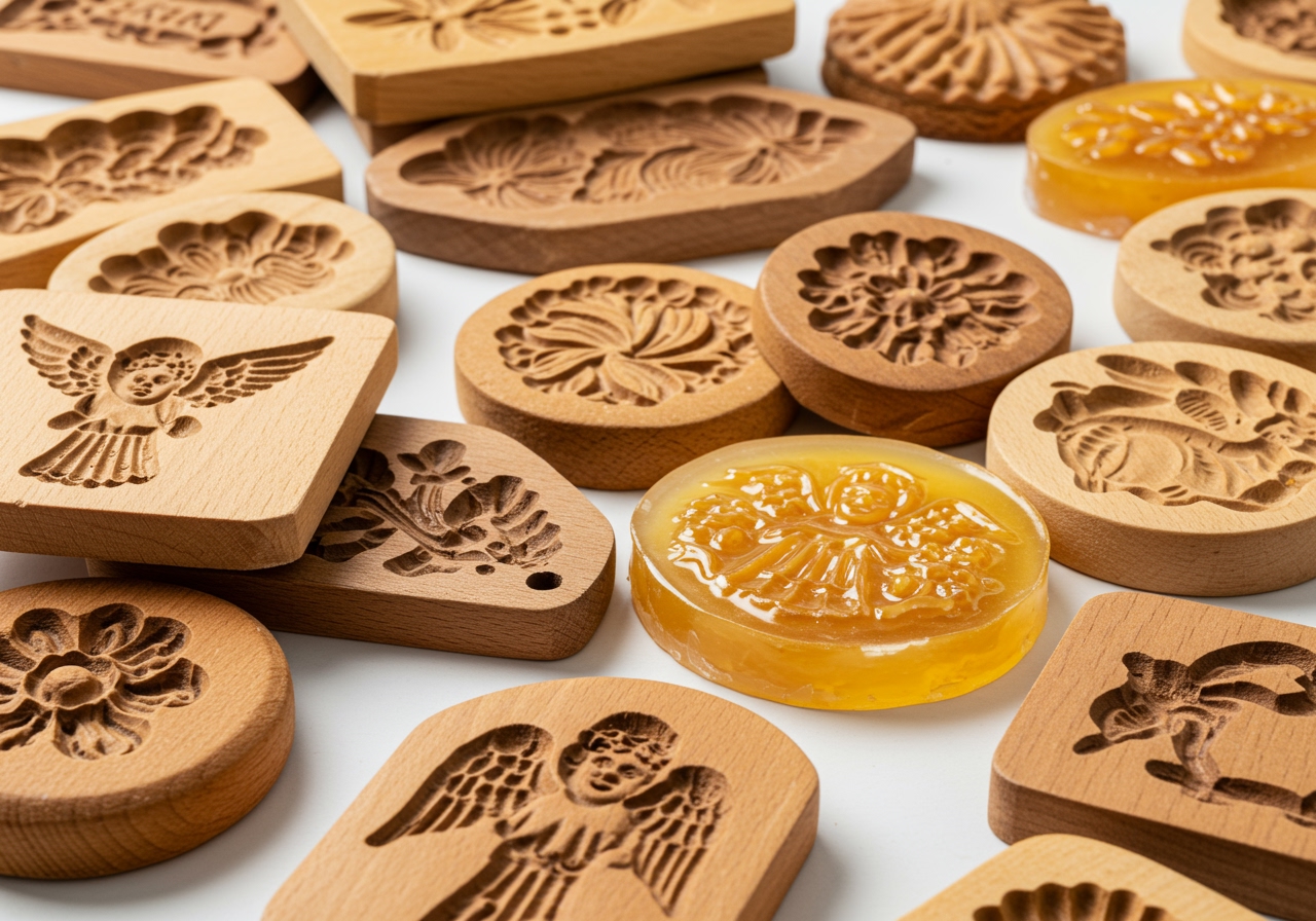 A collection of various Springerle molds made from wood and resin, showcasing intricate designs like angels, flowers, and animals, neatly arranged on a white background.