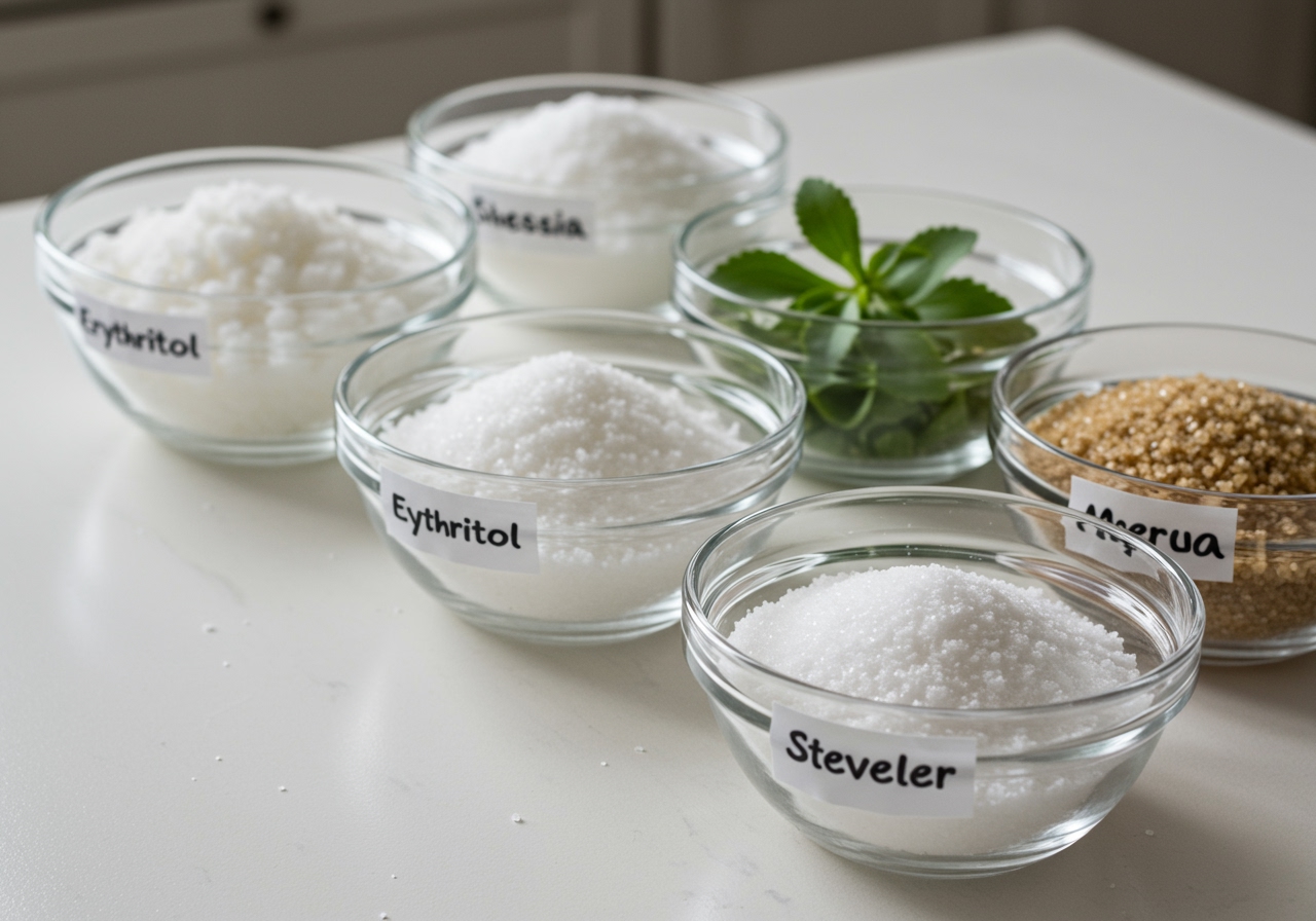 A collection of various sugar substitutes like erythritol, stevia, and monk fruit sweetener in small bowls or jars.