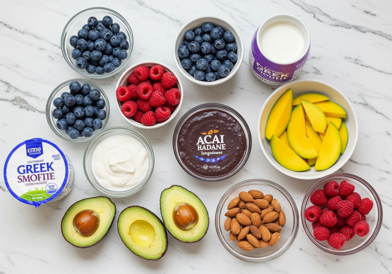 A collection of various superfruits like blueberries, raspberries, acai packs, and sliced mangoes, along with creamy bases like avocado, Greek yogurt, and almond milk, neatly arranged on a white kitchen counter, ready for smoothie making.