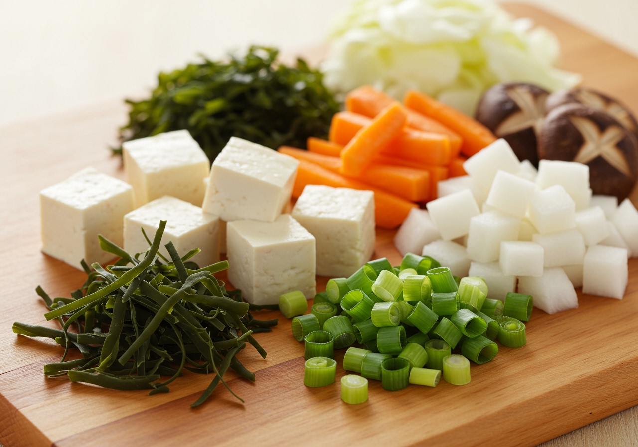 A colorful arrangement of fresh ingredients commonly used in Japanese soups: tofu cubes, dried wakame seaweed, green onions, and various vegetables.