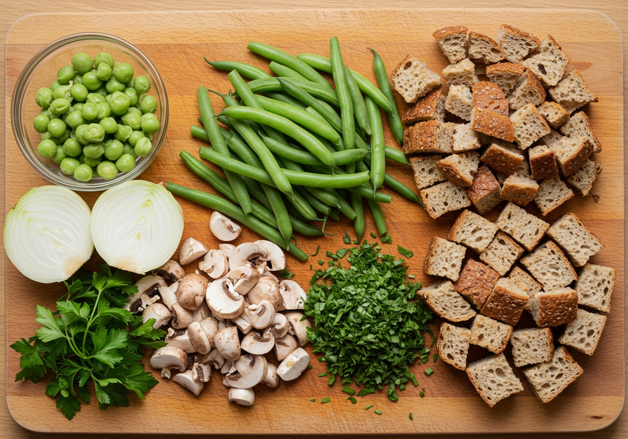 A colorful array of fresh, healthy ingredients for the stuffing, including vibrant green haricots verts, chopped mushrooms, onions, fresh herbs, and whole grain bread cubes, laid out on a clean wooden cutting board.
