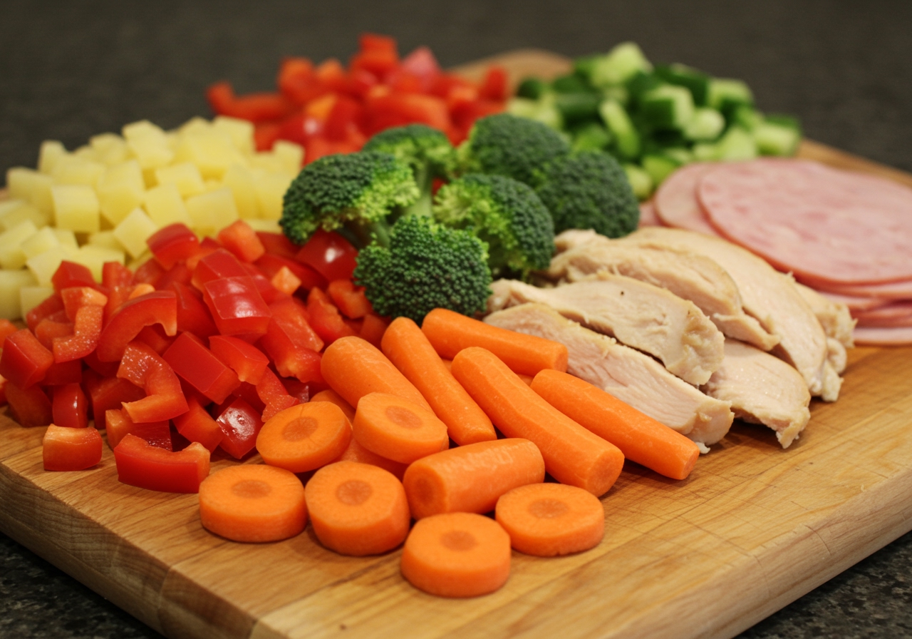 A colorful array of fresh, healthy vegetables and lean proteins laid out on a cutting board, ready to be chopped for a large batch of macaroni salad.