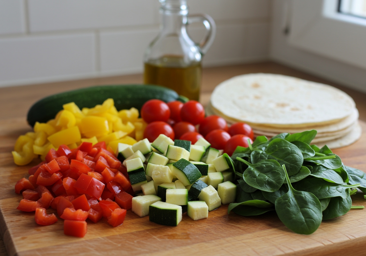 A colorful array of fresh vegetables – bell peppers, zucchini, mushrooms, cherry tomatoes, spinach – chopped and ready for cooking, alongside cooked short pasta and soft tortillas.