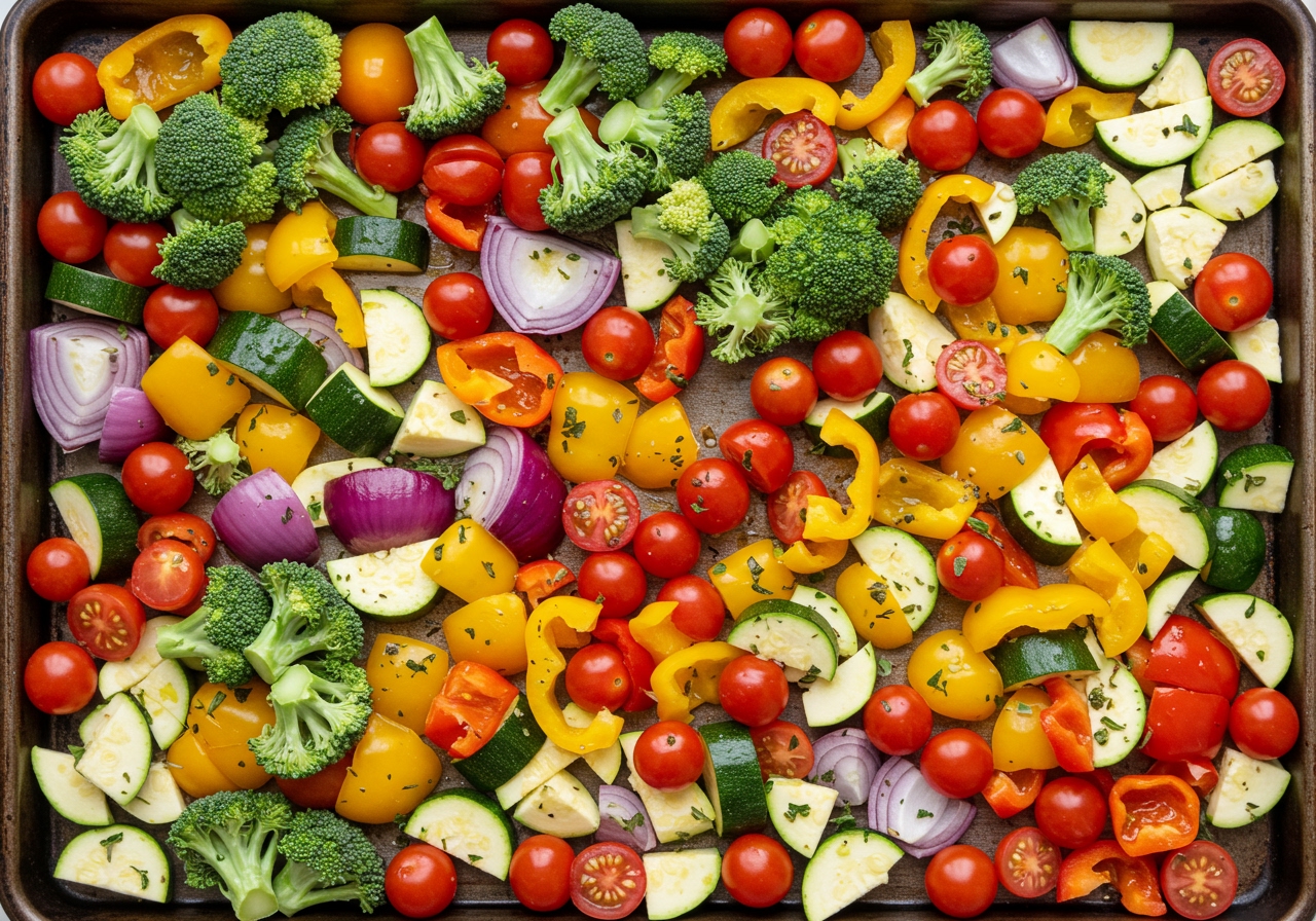 A colorful assortment of chopped vegetables (broccoli, bell peppers, red onion, zucchini, cherry tomatoes) arranged on a large sheet pan, drizzled with olive oil and sprinkled with herbs, ready for roasting.