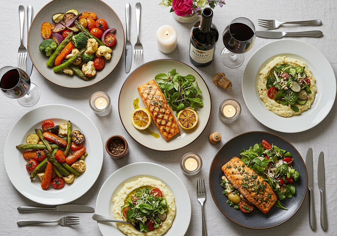 A colorful assortment of delicious-looking low-carb dishes suitable for people with diabetes, arranged attractively on a table.