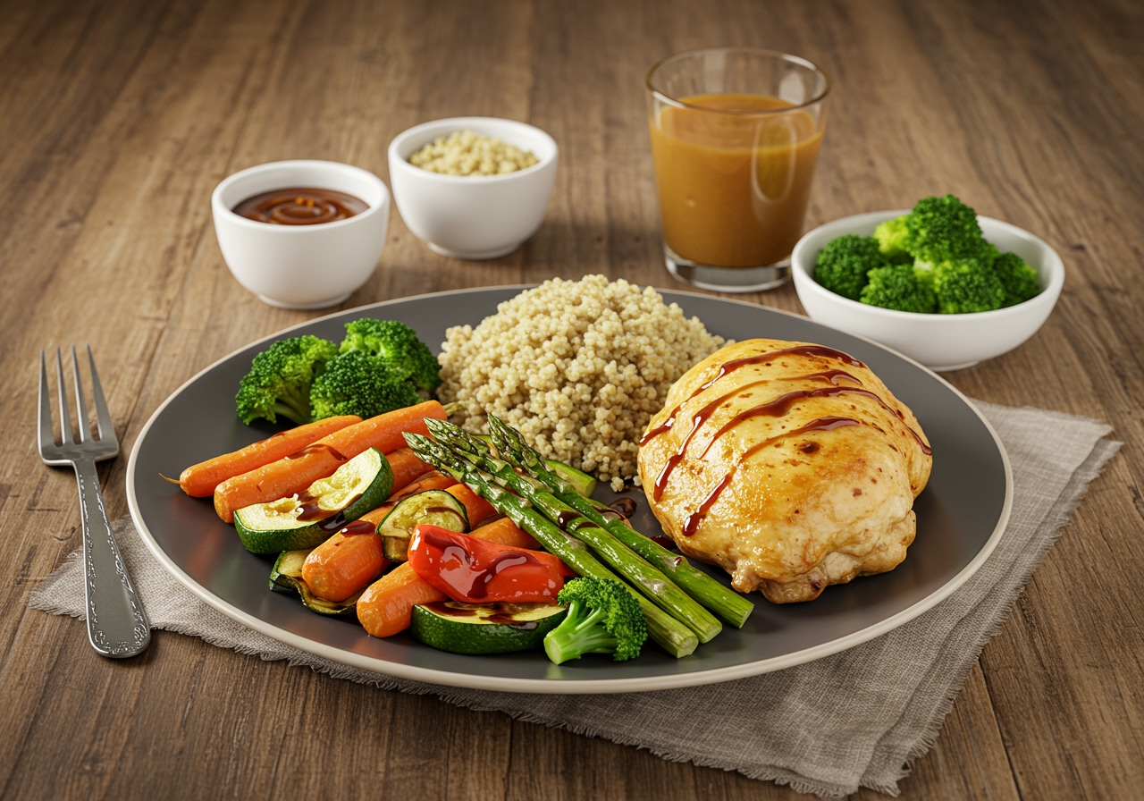 A colorful, balanced meal laid out on a table, showing a variety of vegetables, protein, and carbohydrates.
