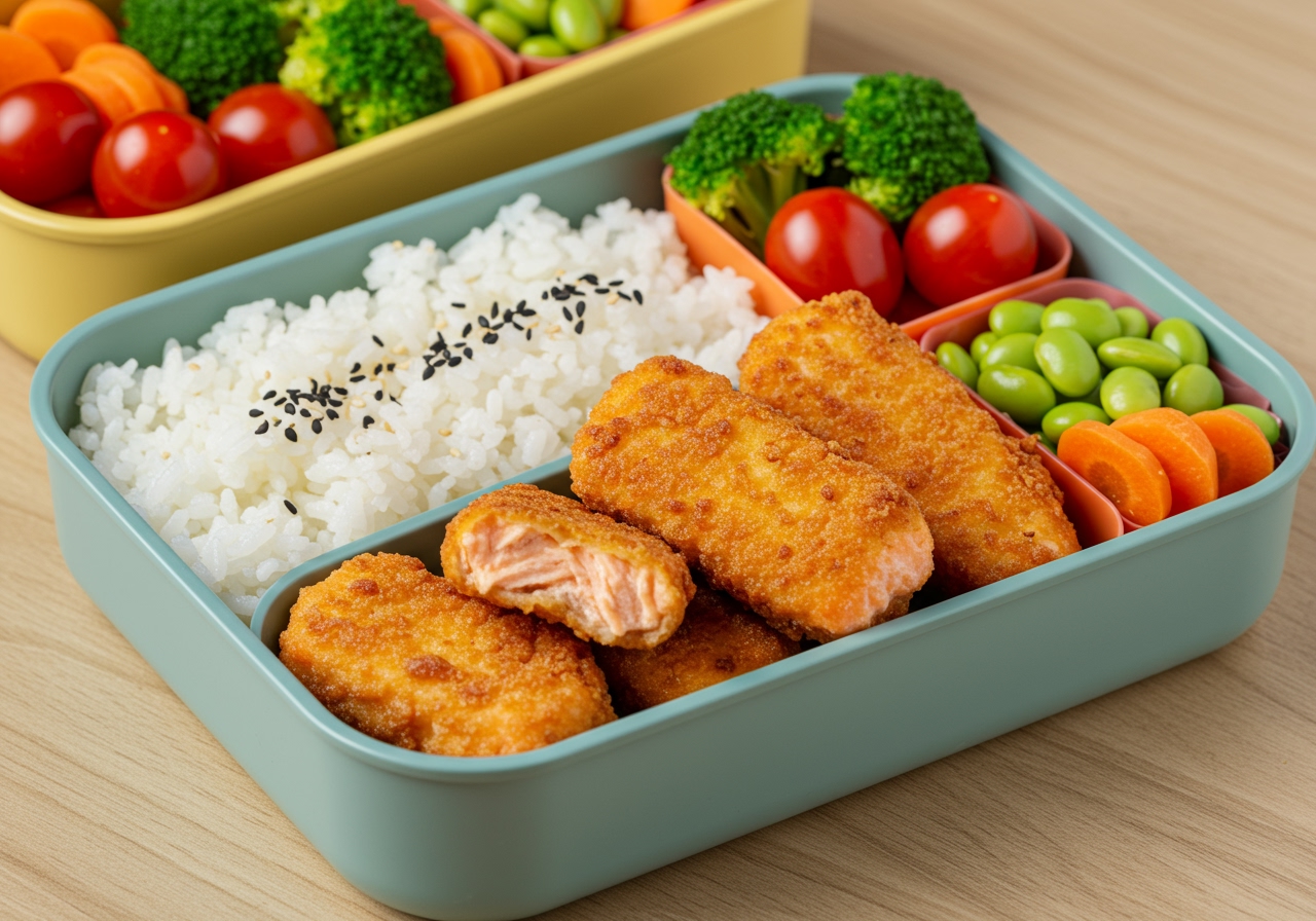 A colorful bento box filled with air fryer salmon nuggets, rice, and various side vegetables, looking healthy and appealing.